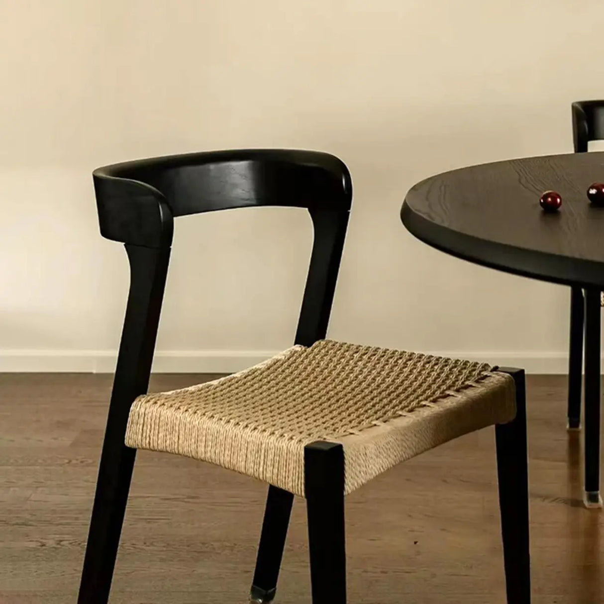 Braided Rope Seat Curved Open Back Wood Dining Chair Image - 10