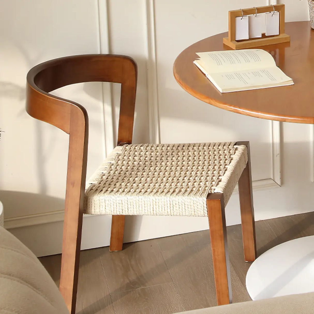 Braided Rope Seat Curved Open Back Wood Dining Chair Image - 1