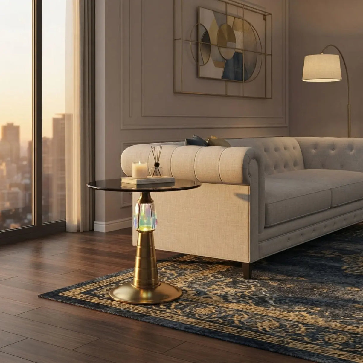 Brass Glass Round Side Table with LED Bluetooth Speaker Image - 5
