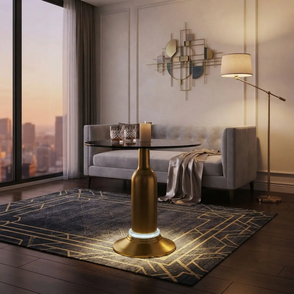 Brass Glass Round Side Table with LED Bluetooth Speaker Image - 9