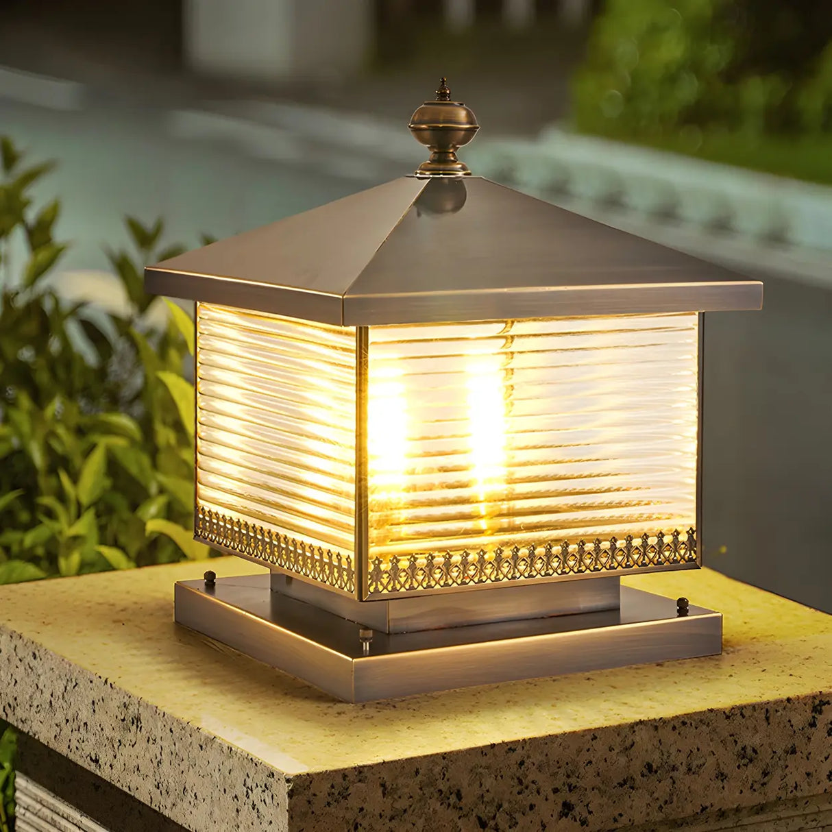 Bronze Finish Vintage Square Glass Patio Outdoor Lamp Image - 1