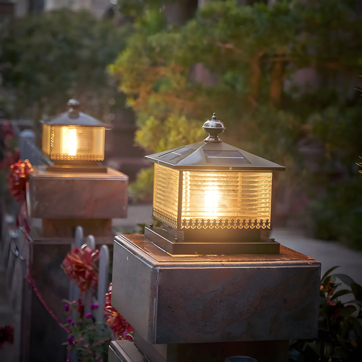 Bronze Finish Vintage Square Glass Patio Outdoor Lamp Image - 5