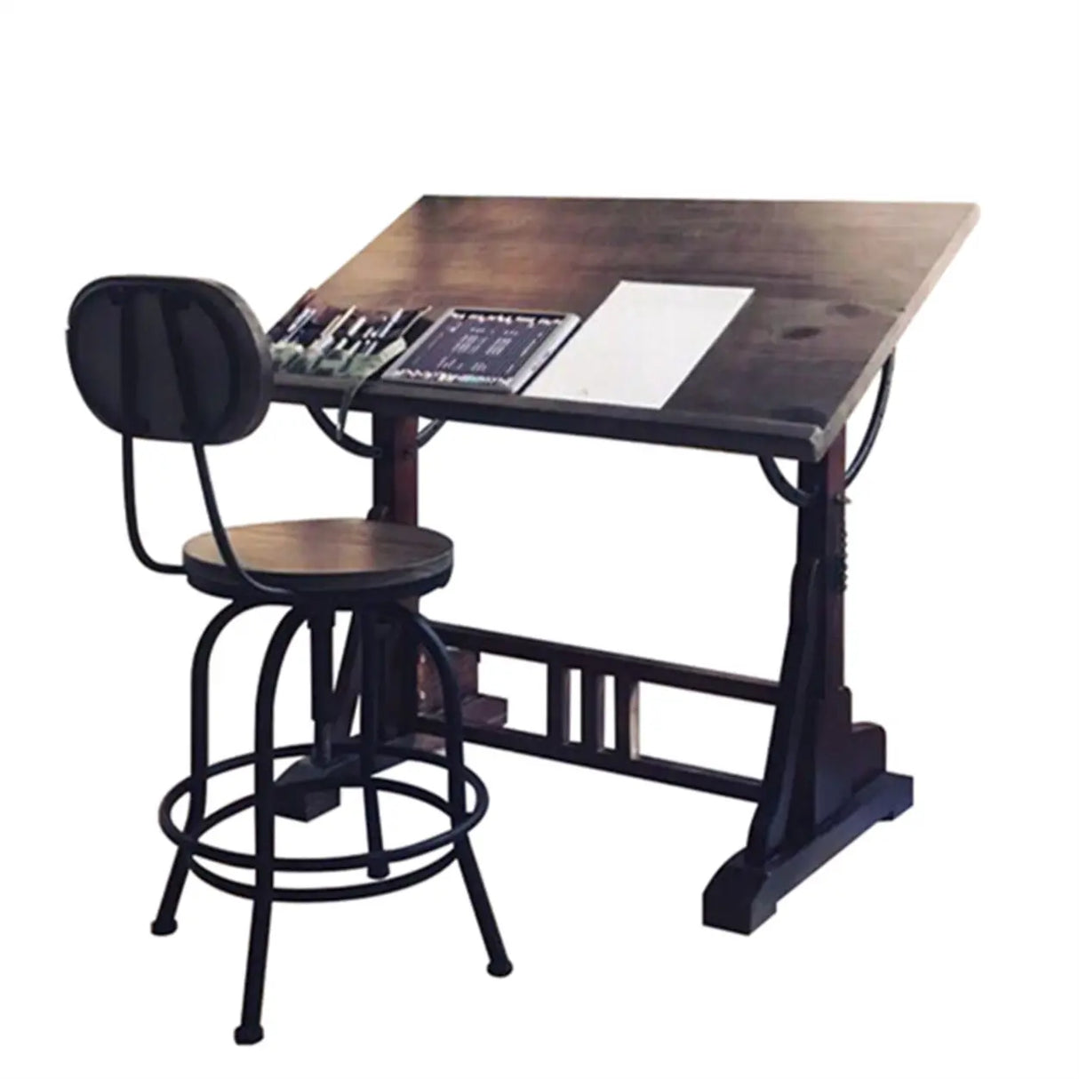 Brown Adjustable Wooden Drafting Table with Storage Image - 2