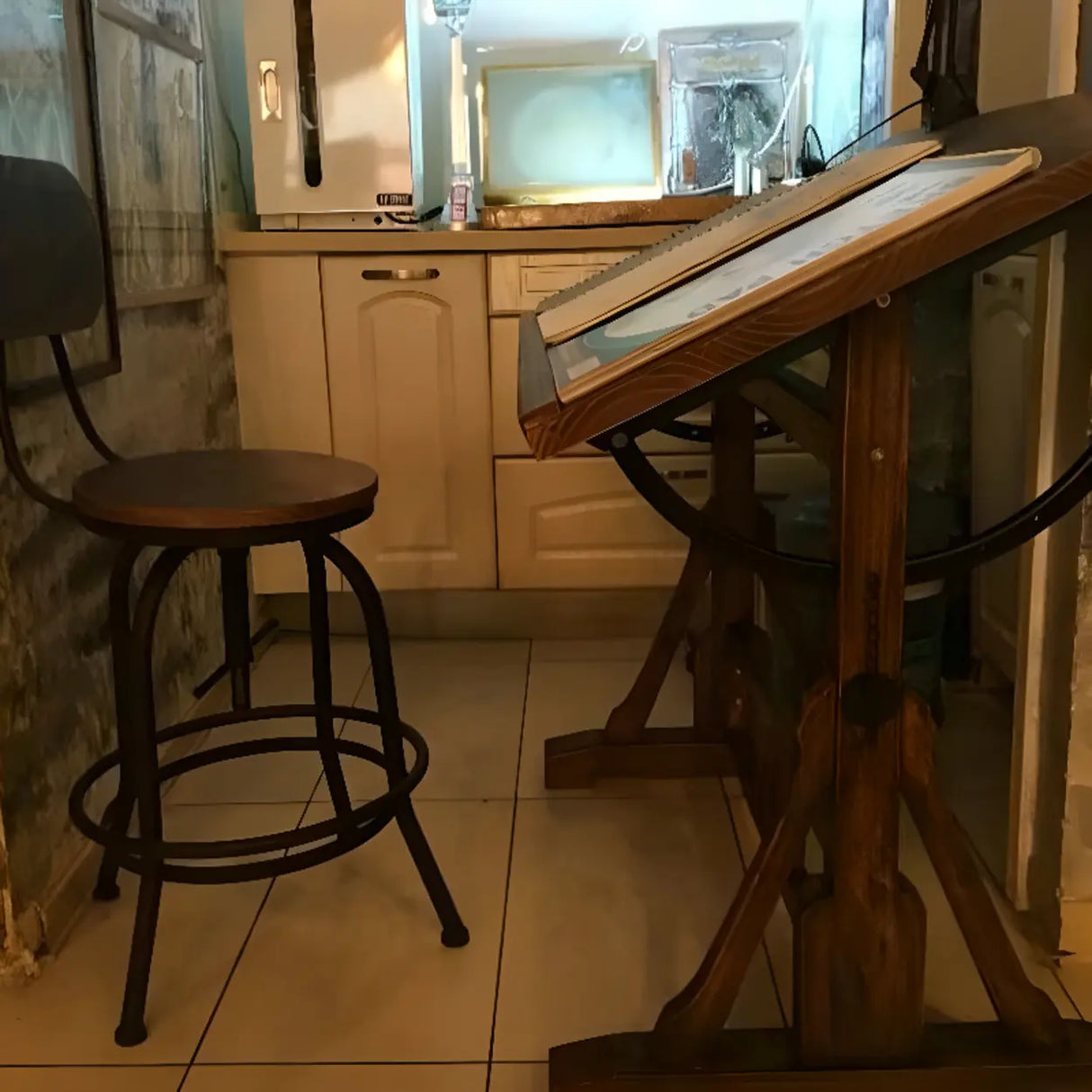 Brown Adjustable Wooden Drafting Table with Storage Image - 3