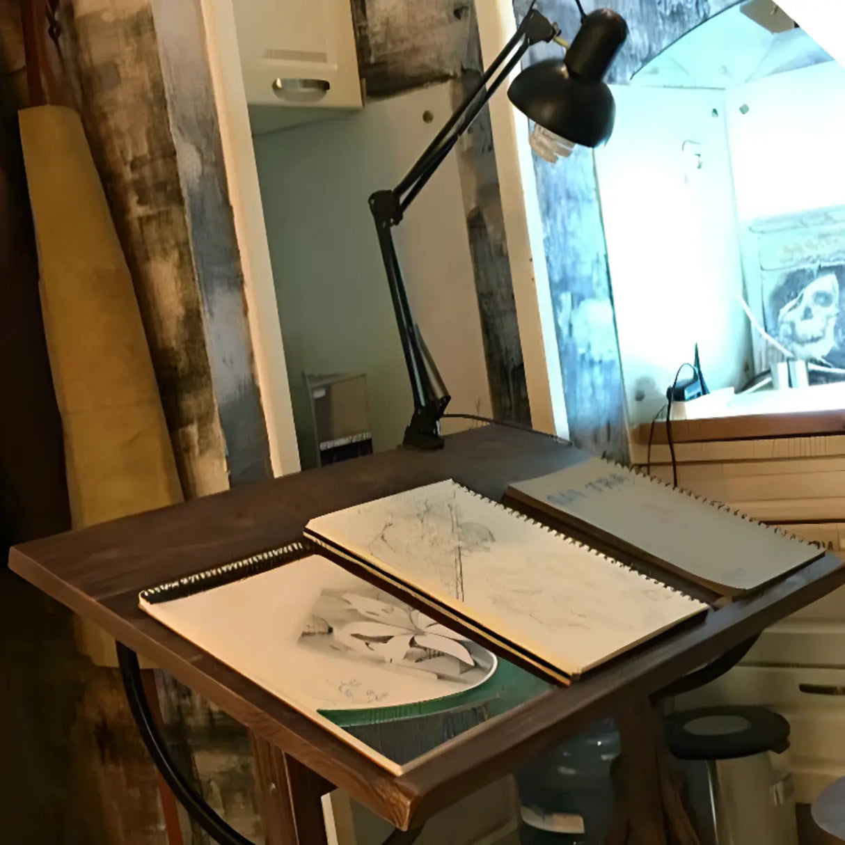 Brown Adjustable Wooden Drafting Table with Storage Image - 4