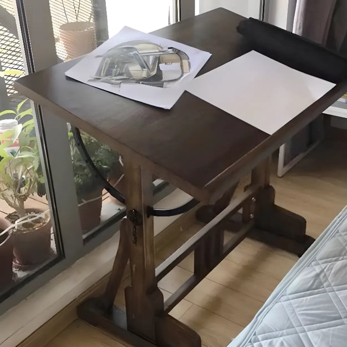 Brown Adjustable Wooden Drafting Table with Storage Image - 5