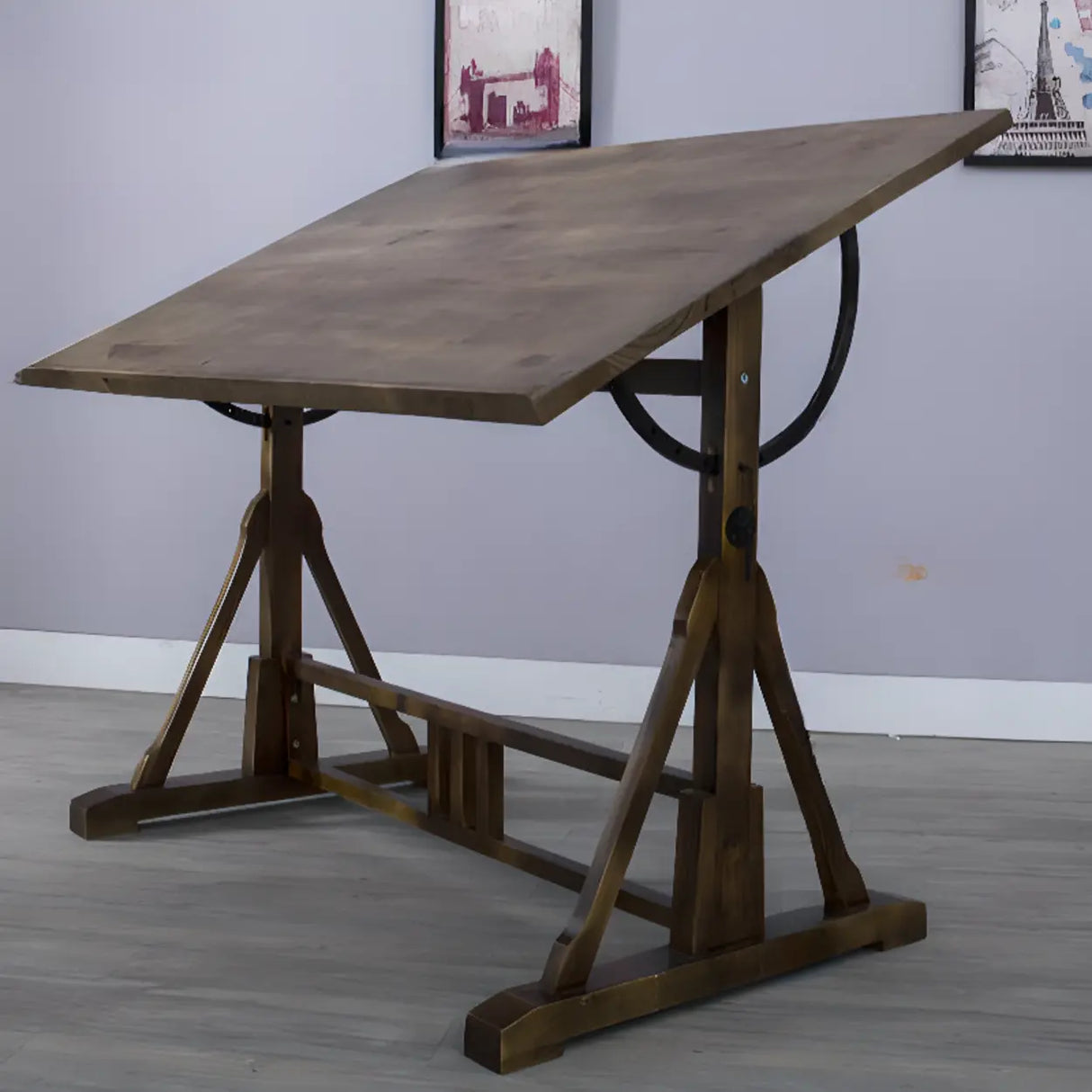 Brown Adjustable Wooden Drafting Table with Storage Image - 7