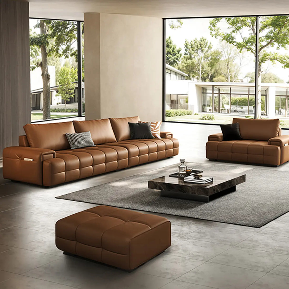 Brown Anti Cat Scratch Leather Storage Extra Long Sofa Image - 12