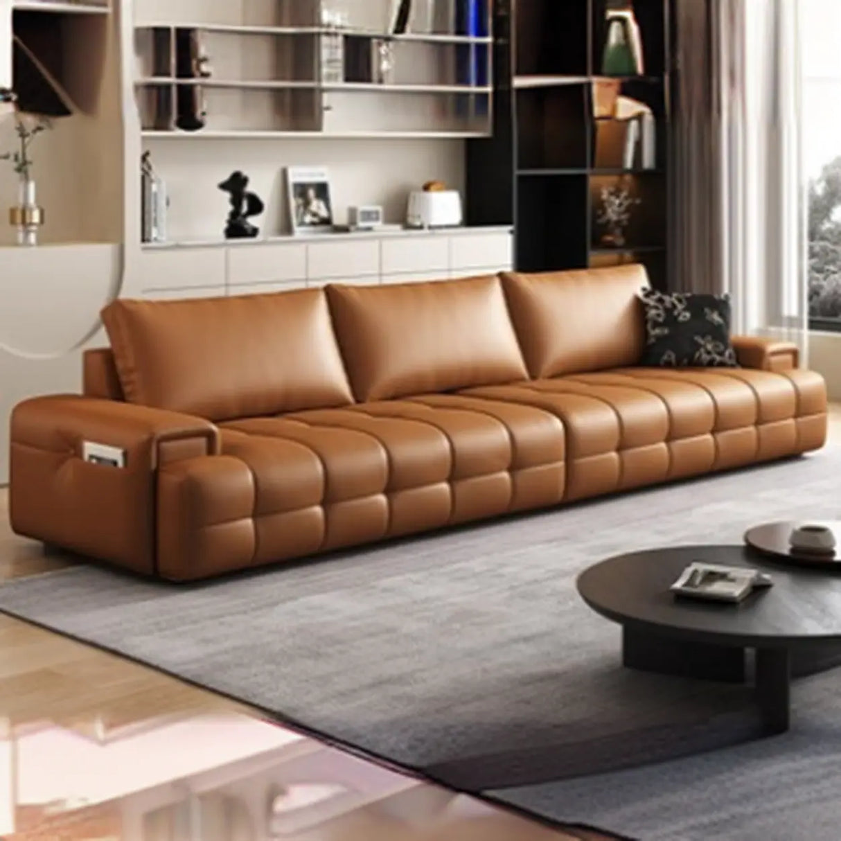 Brown Anti Cat Scratch Leather Storage Extra Long Sofa Image - 15