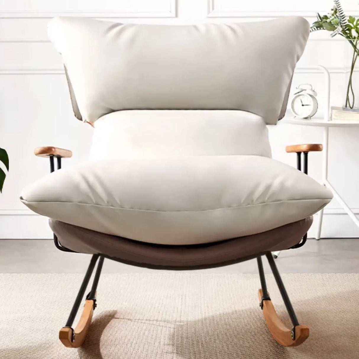 Brown Beige Track Arms Rocking Chair with Slipcover Image - 1