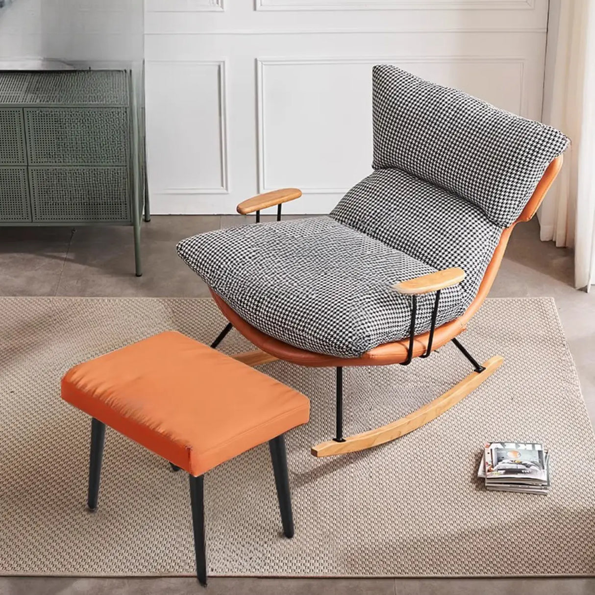 Brown Beige Track Arms Rocking Chair with Slipcover Image - 11