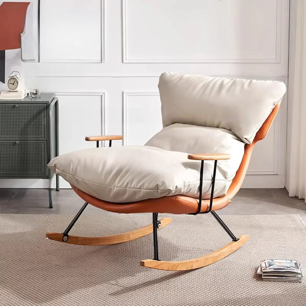 Brown Beige Track Arms Rocking Chair with Slipcover Image - 13