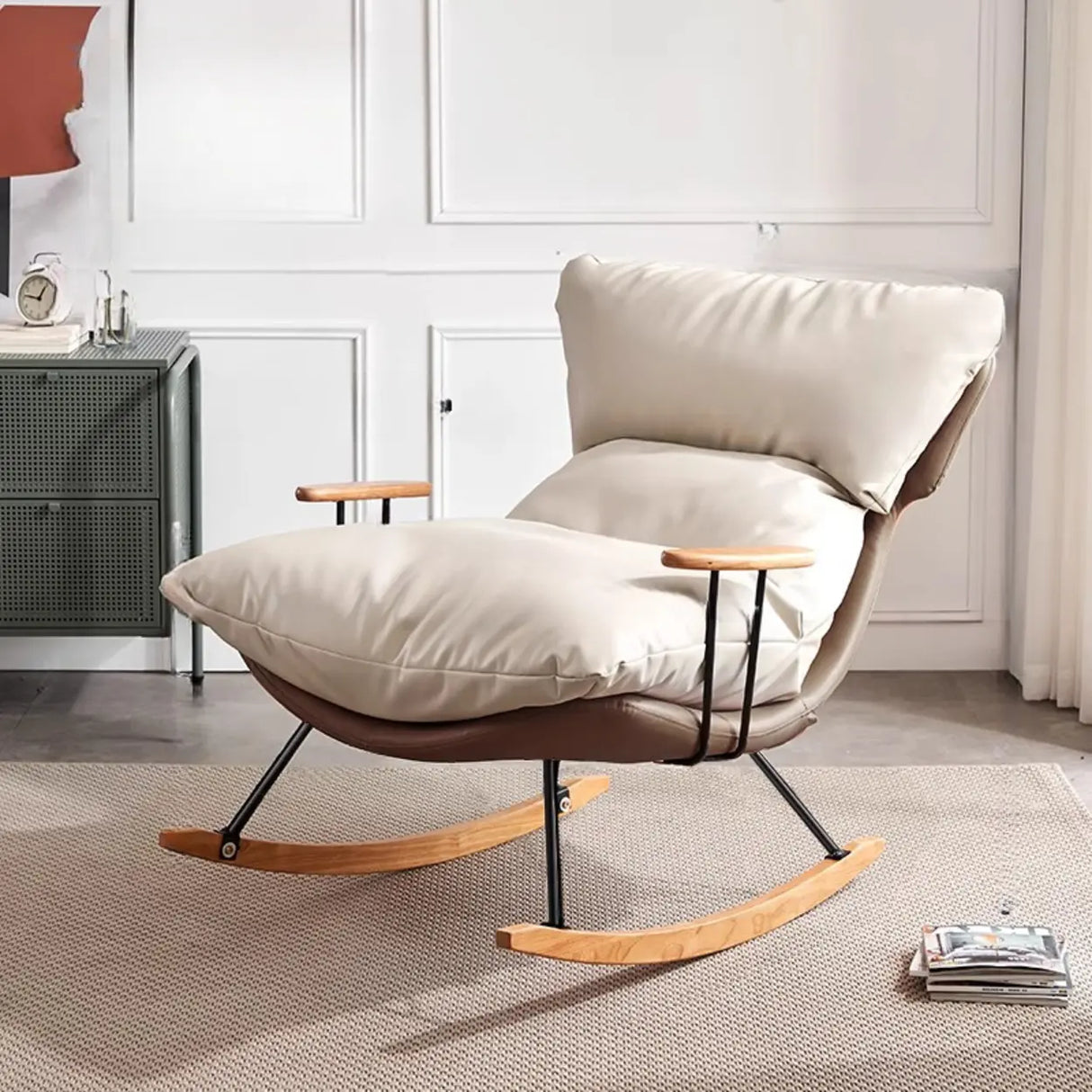 Brown Beige Track Arms Rocking Chair with Slipcover Image - 14