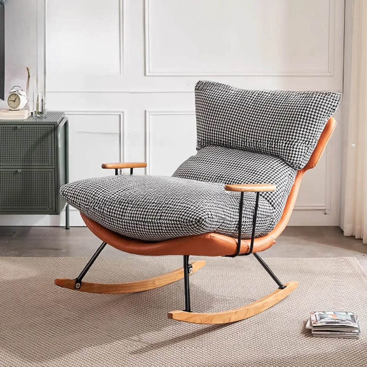 Brown Beige Track Arms Rocking Chair with Slipcover Image - 2