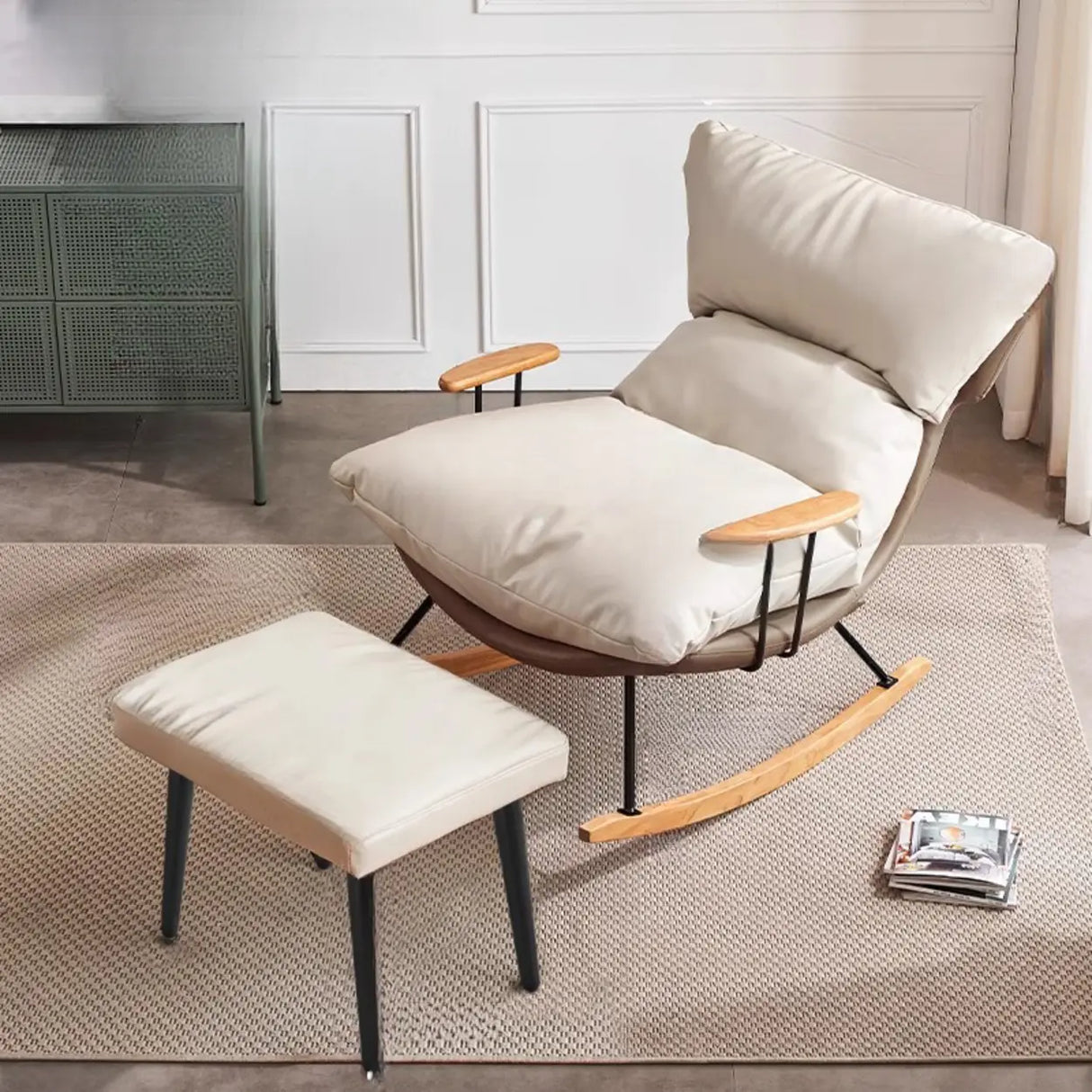 Brown Beige Track Arms Rocking Chair with Slipcover Image - 3