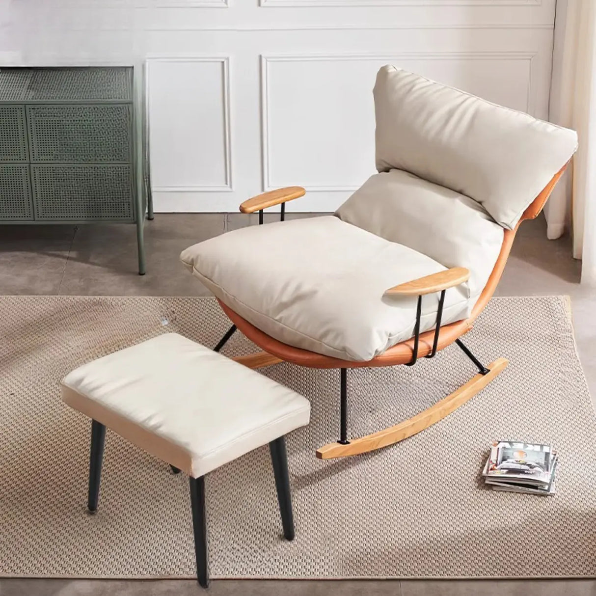 Brown Beige Track Arms Rocking Chair with Slipcover Image - 5