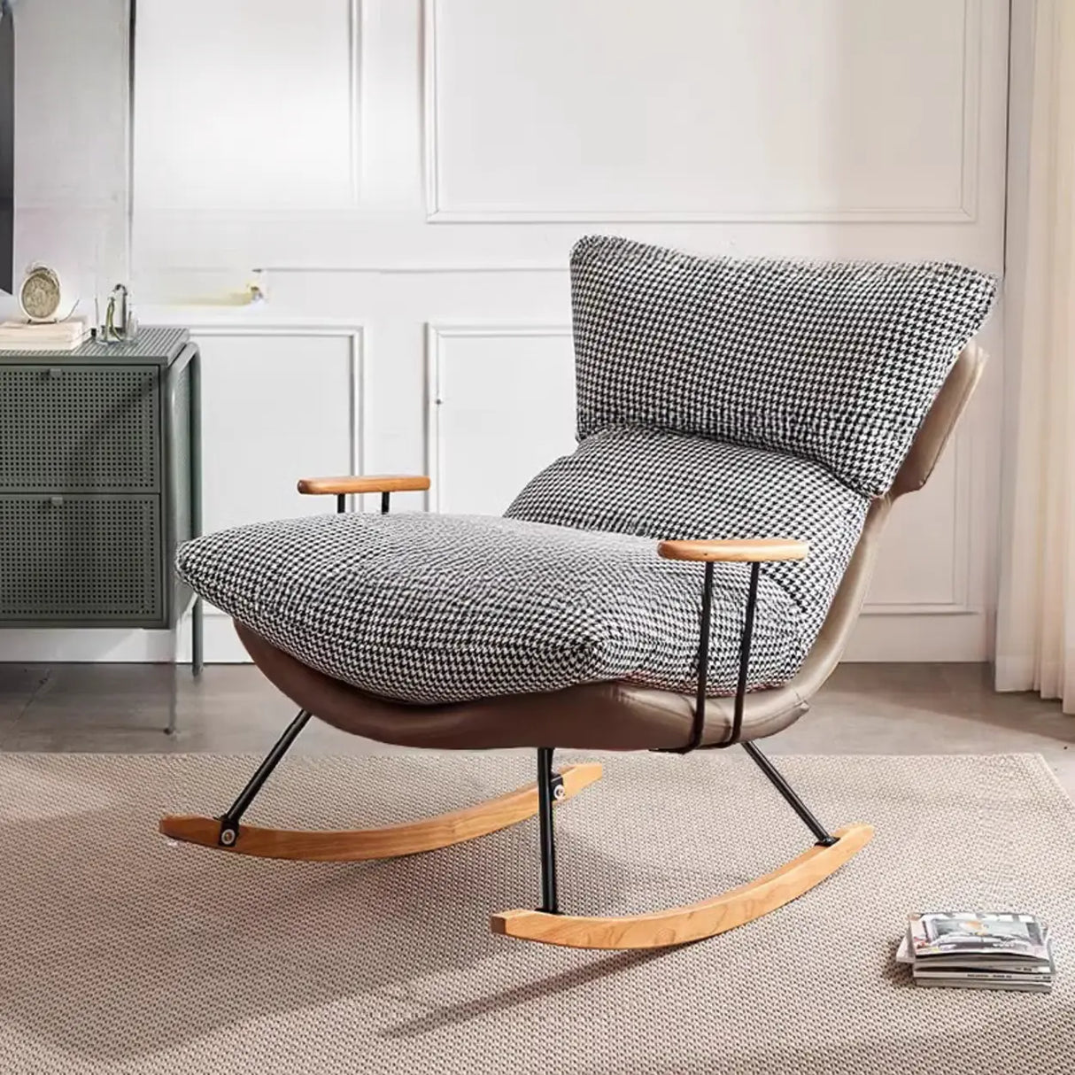 Brown Beige Track Arms Rocking Chair with Slipcover Image - 7