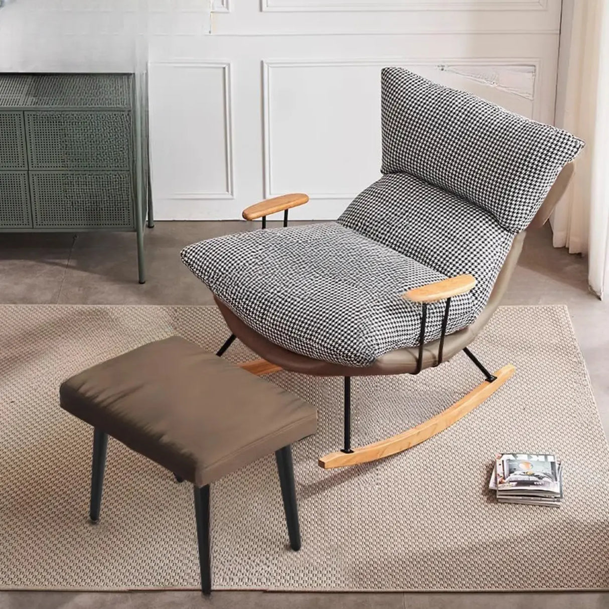 Brown Beige Track Arms Rocking Chair with Slipcover Image - 9