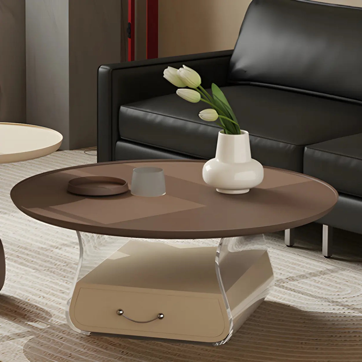 Brown Block Base Round Coffee Table with Storage Image - 3