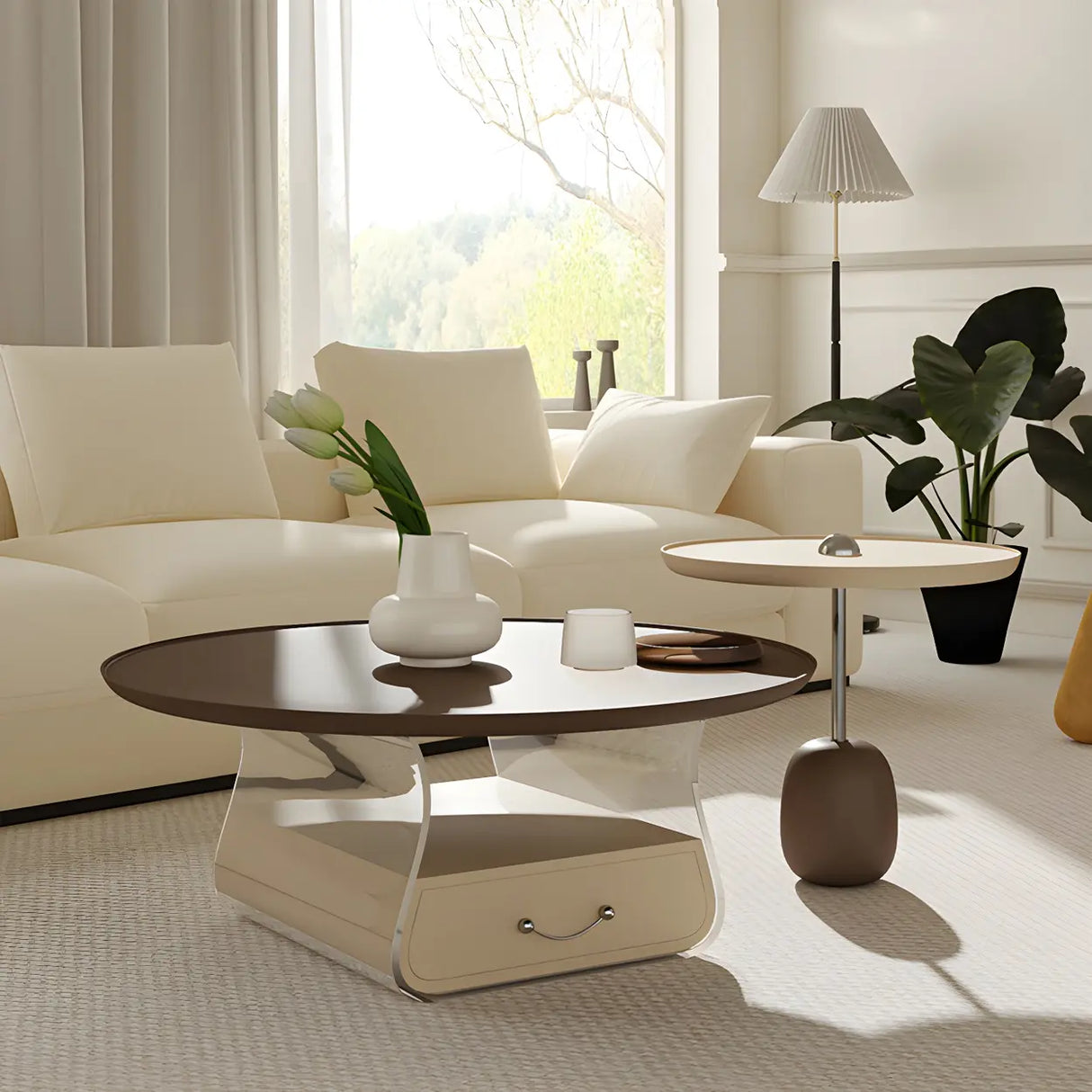 Brown Block Base Round Coffee Table with Storage Image - 4