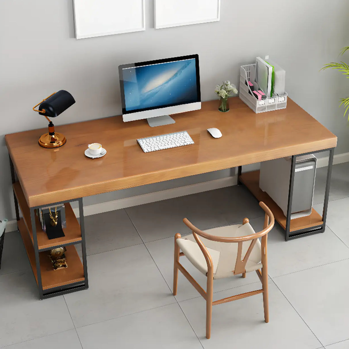 Brown Butcher Block Shelving Storage Computer Desk Image - 3