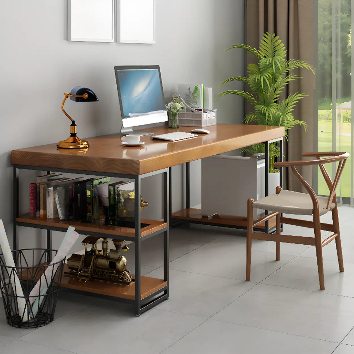 Brown Butcher Block Shelving Storage Computer Desk Image - 4