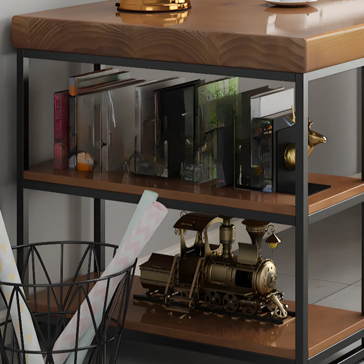 Brown Butcher Block Shelving Storage Computer Desk Image - 6