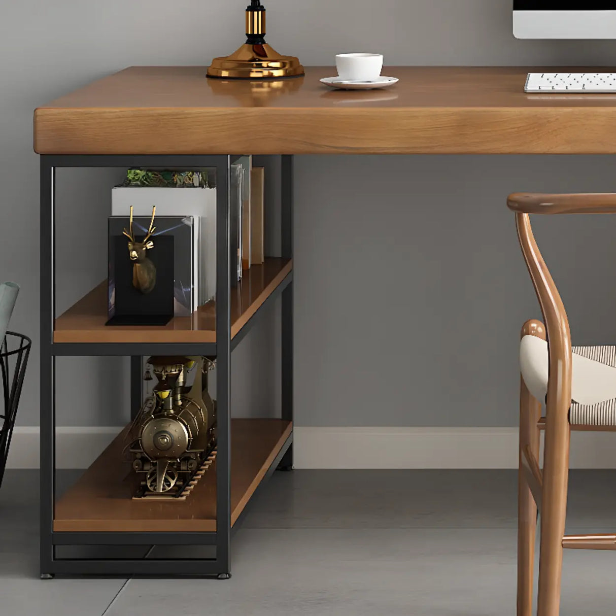 Brown Butcher Block Shelving Storage Computer Desk Image - 7