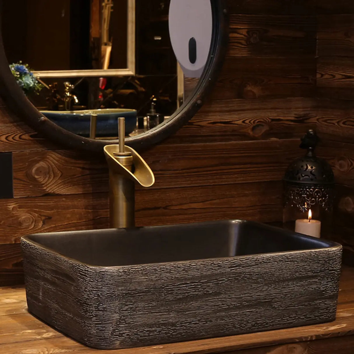 Brown Ceramic Rectangular Center Trapway Vessel Sink Image - 1