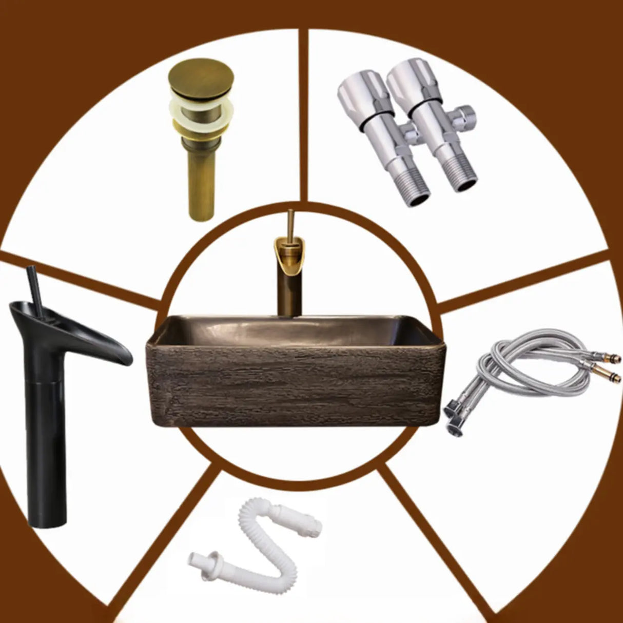 Brown Ceramic Rectangular Center Trapway Vessel Sink Image - 2