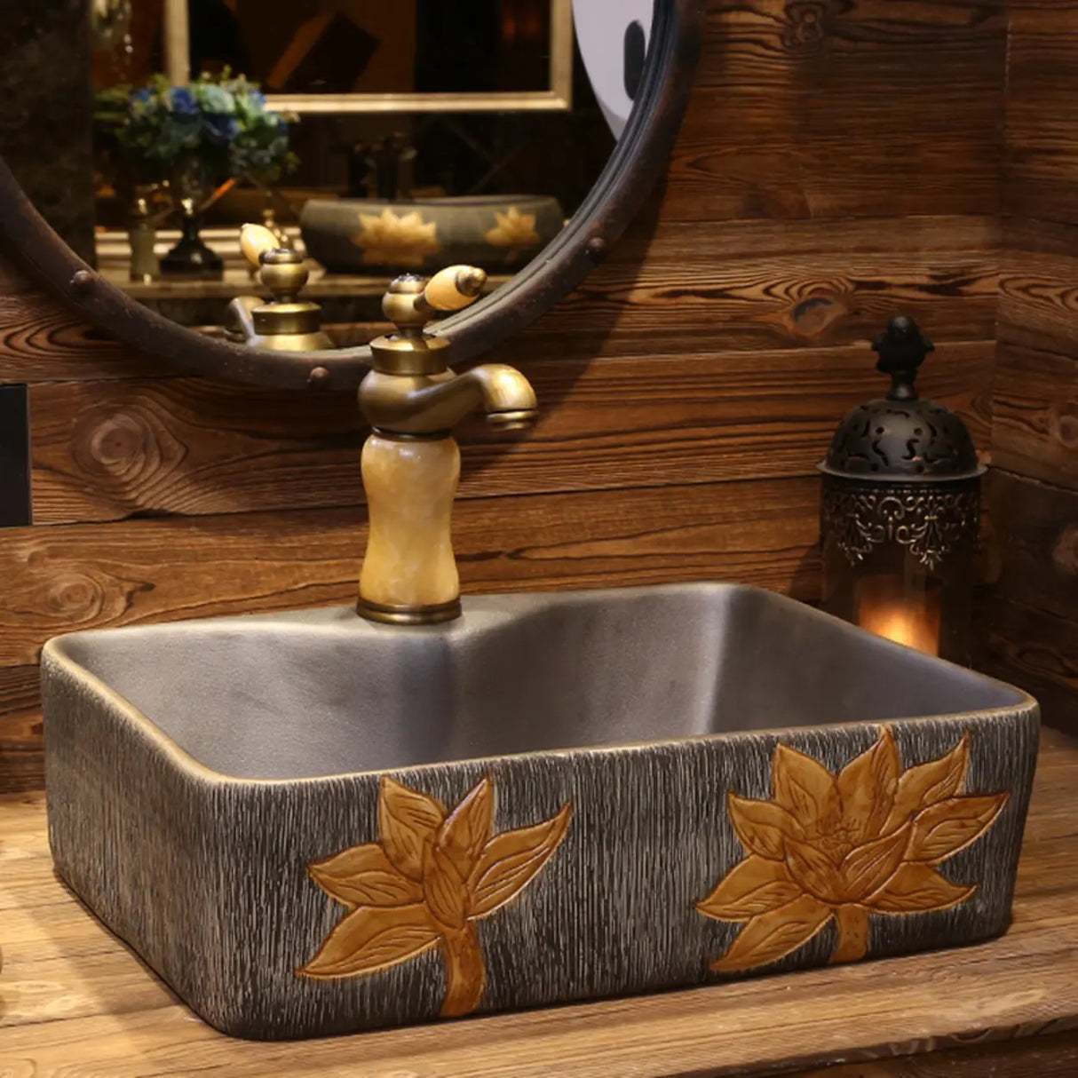 Brown Ceramic Rectangular Center Trapway Vessel Sink Image - 4