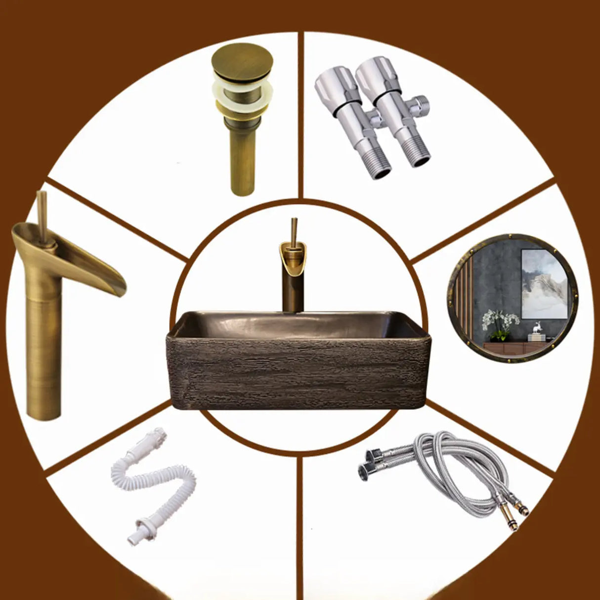 Brown Ceramic Rectangular Center Trapway Vessel Sink Image - 8