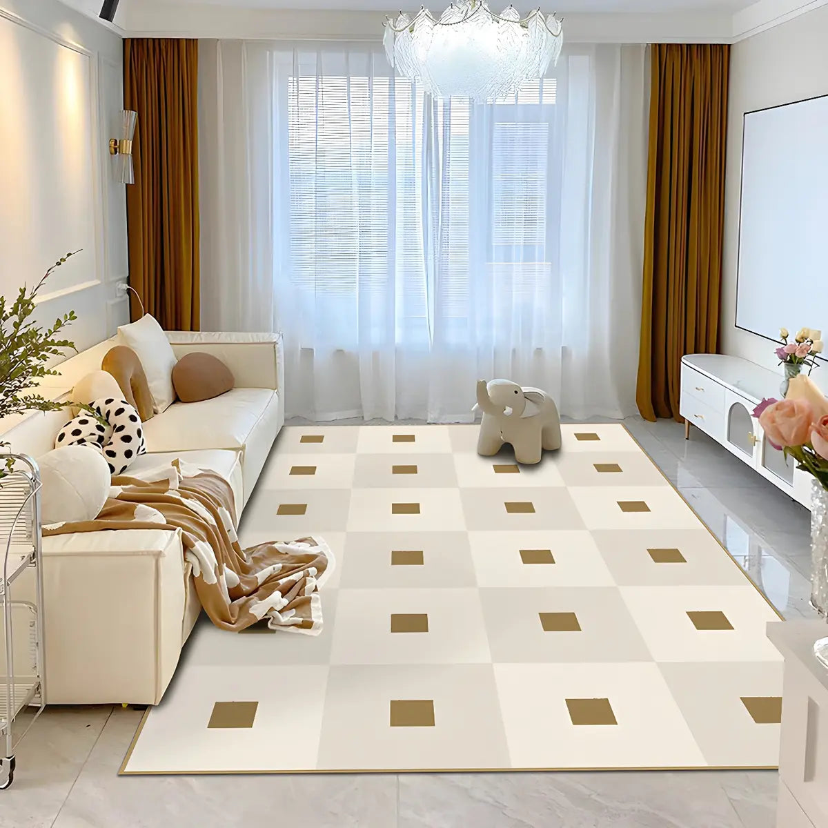 Brown Checkered Wool-Look Beige Rectangular Area Rug Image - 1