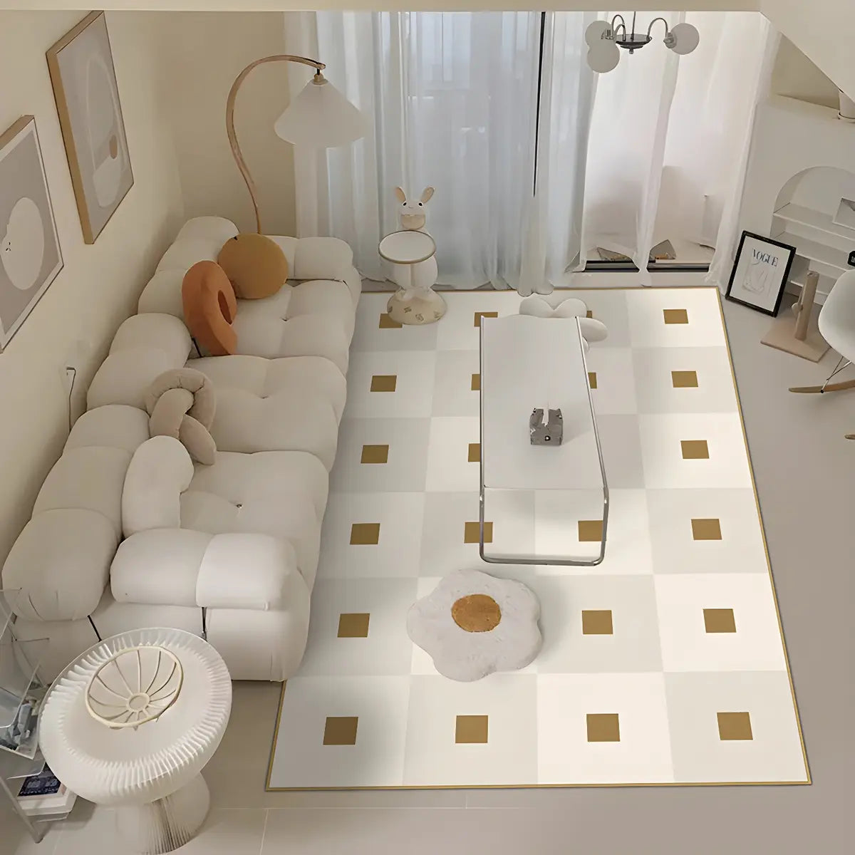 Brown Checkered Wool-Look Beige Rectangular Area Rug Image - 2