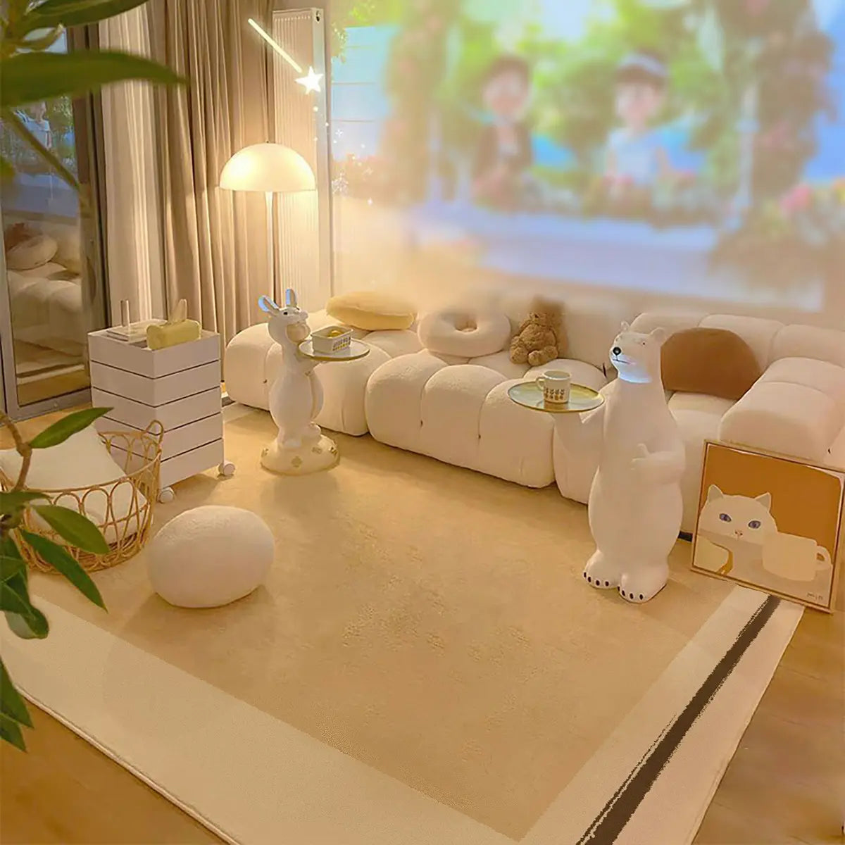 Brown Checkered Wool-Look Beige Rectangular Area Rug Image - 3