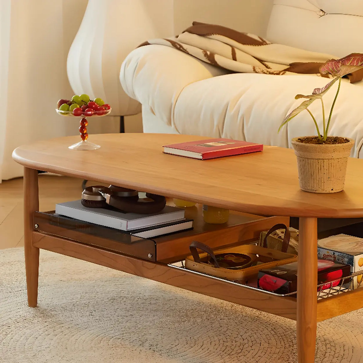 Brown Cherry Wood Storage Coffee Table with Four Legs Image - 10