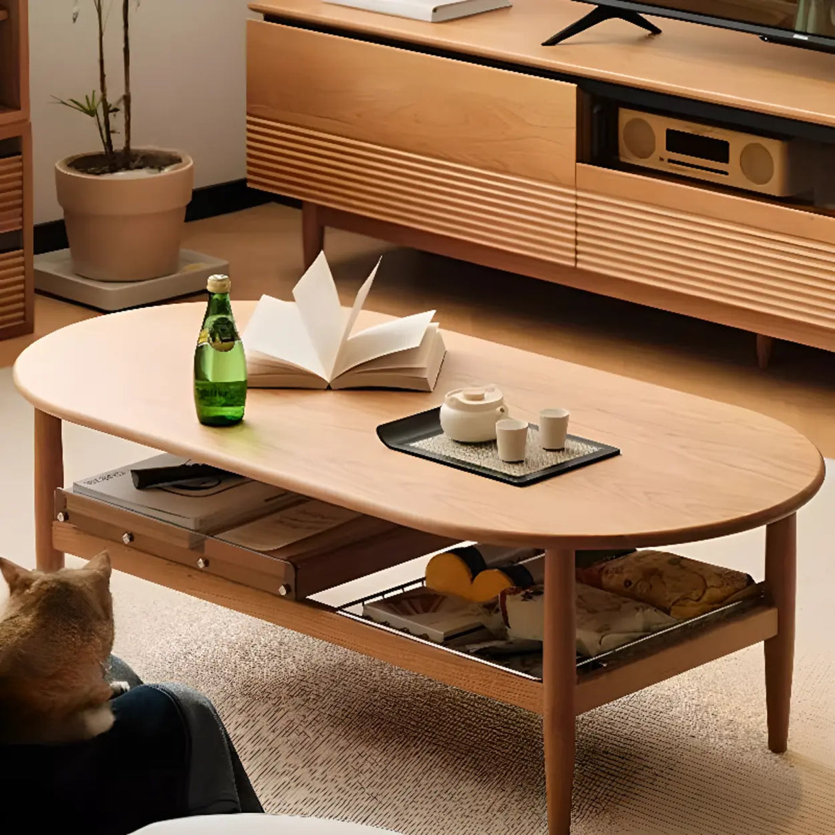 Brown Cherry Wood Storage Coffee Table with Four Legs Image - 1