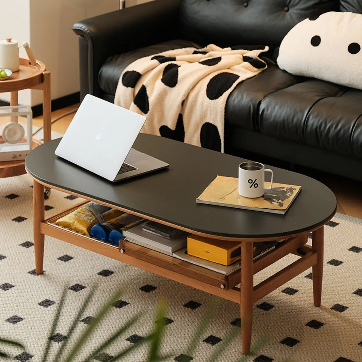Brown Cherry Wood Storage Coffee Table with Four Legs Image - 2