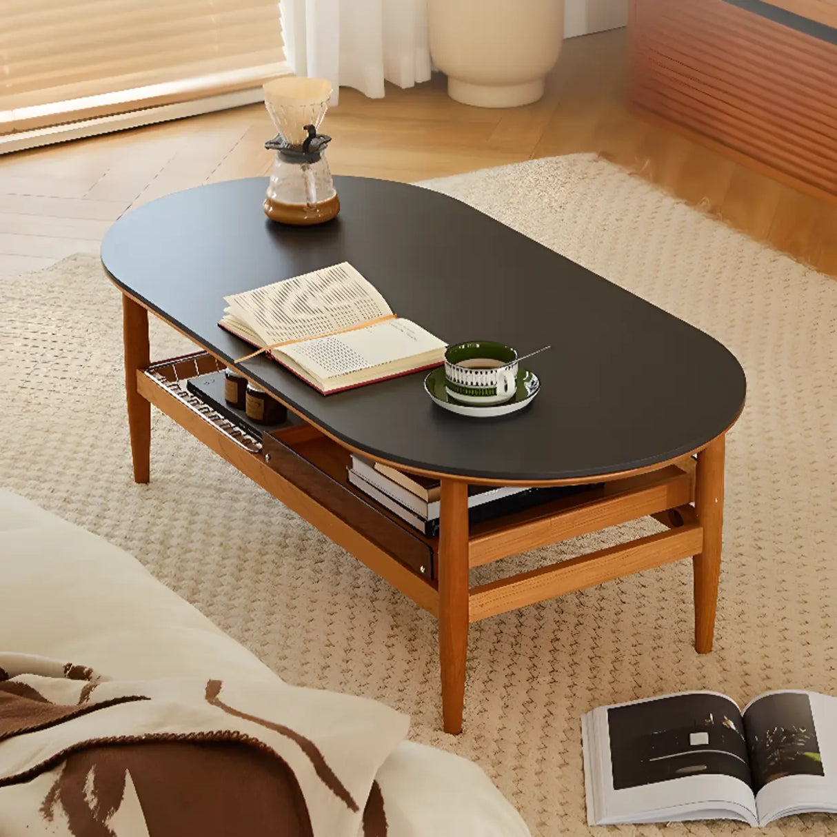 Brown Cherry Wood Storage Coffee Table with Four Legs Image - 3