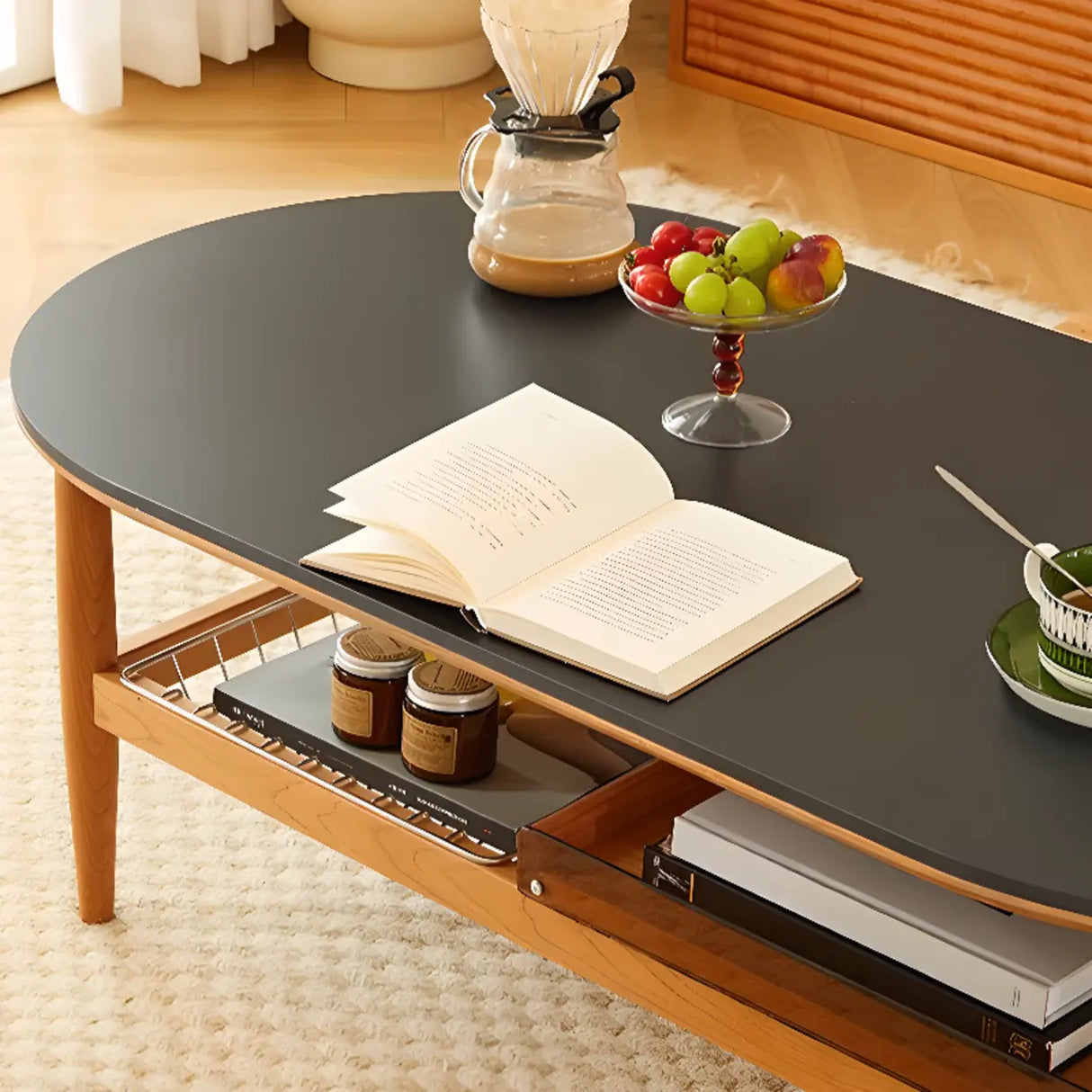 Brown Cherry Wood Storage Coffee Table with Four Legs Image - 8