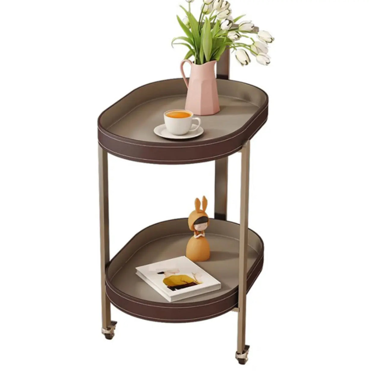 Brown Elliptical Leather Rolling Side Table with Casters Image - 10