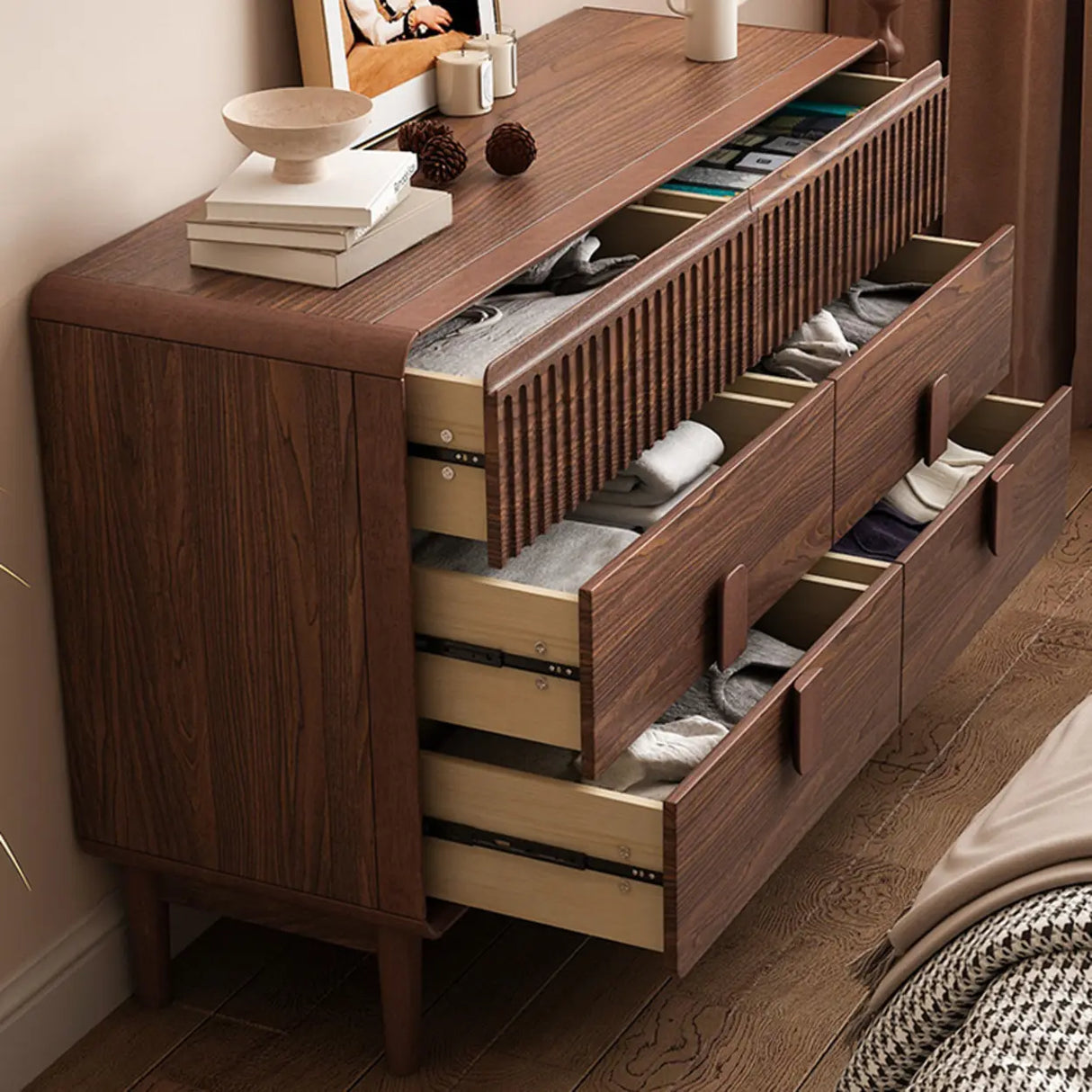 Brown Finish Wooden Rectangular Dresser for Drawers Image - 4