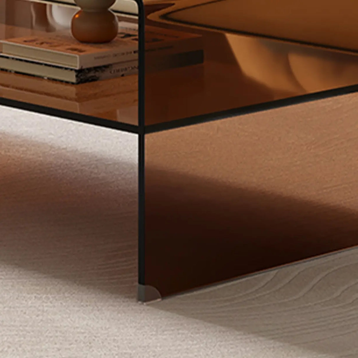Brown Glass Rectangular Sled Coffee Table with Shelf Image - 10