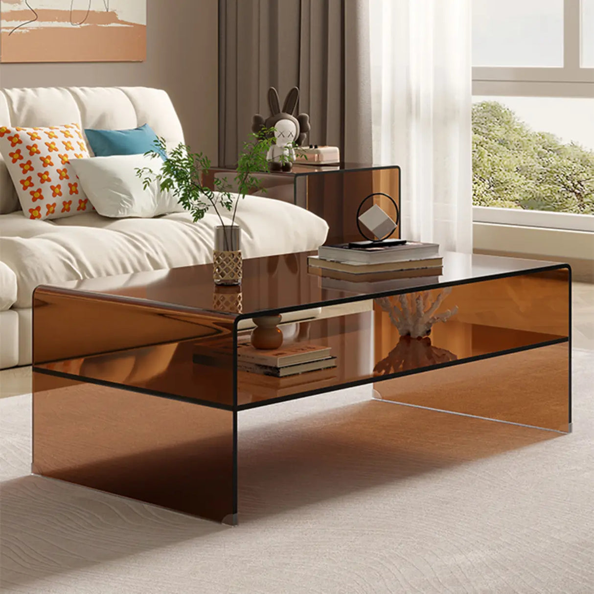 Brown Glass Rectangular Sled Coffee Table with Shelf Image - 1