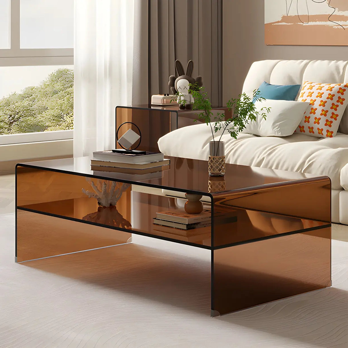 Brown Glass Rectangular Sled Coffee Table with Shelf Image - 2