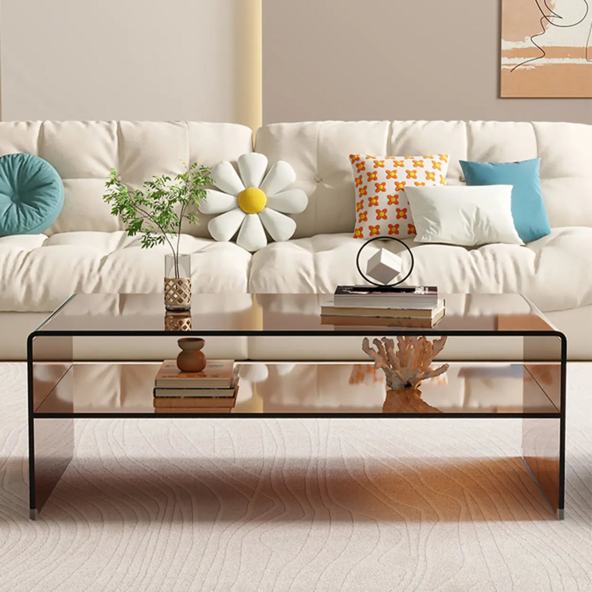 Brown Glass Rectangular Sled Coffee Table with Shelf Image - 3