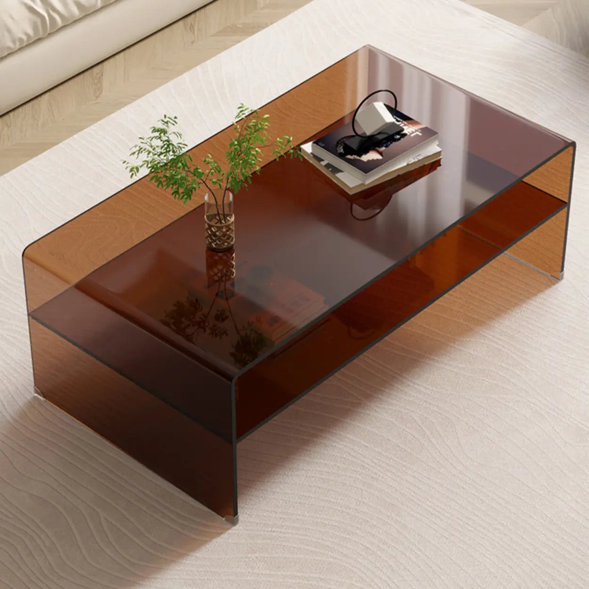 Brown Glass Rectangular Sled Coffee Table with Shelf Image - 4