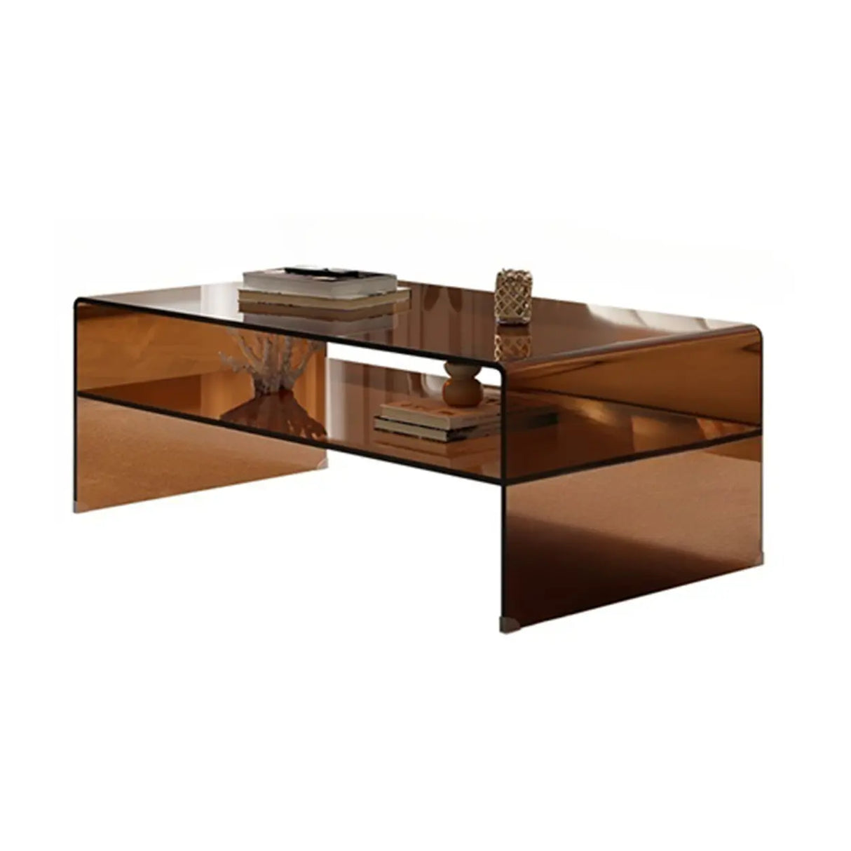 Brown Glass Rectangular Sled Coffee Table with Shelf Image - 6