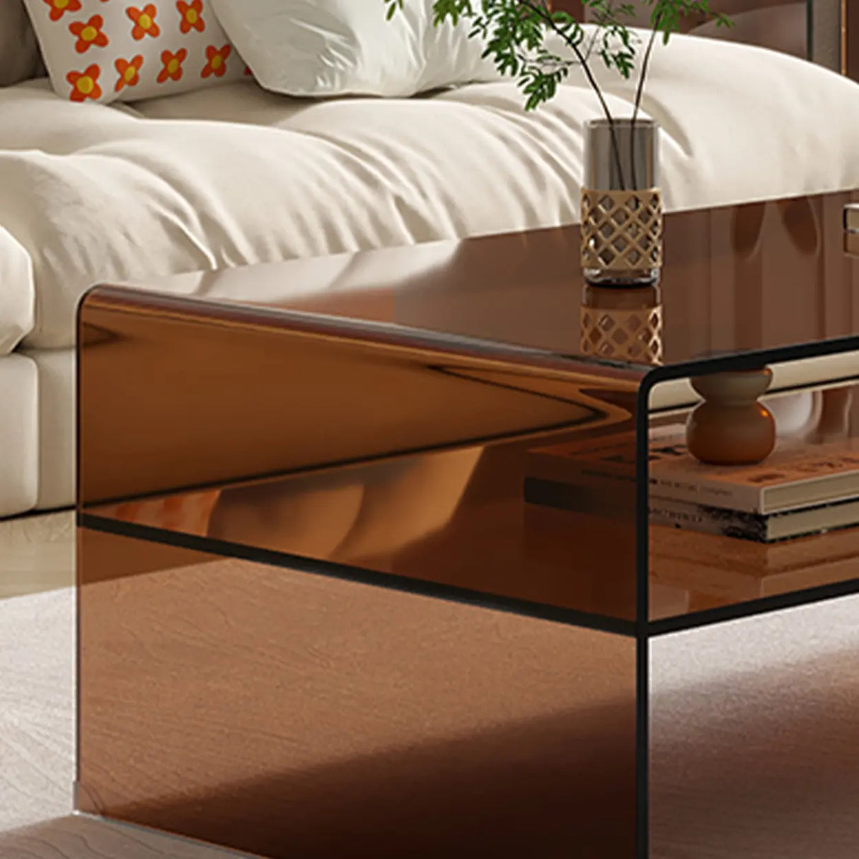 Brown Glass Rectangular Sled Coffee Table with Shelf Image - 7