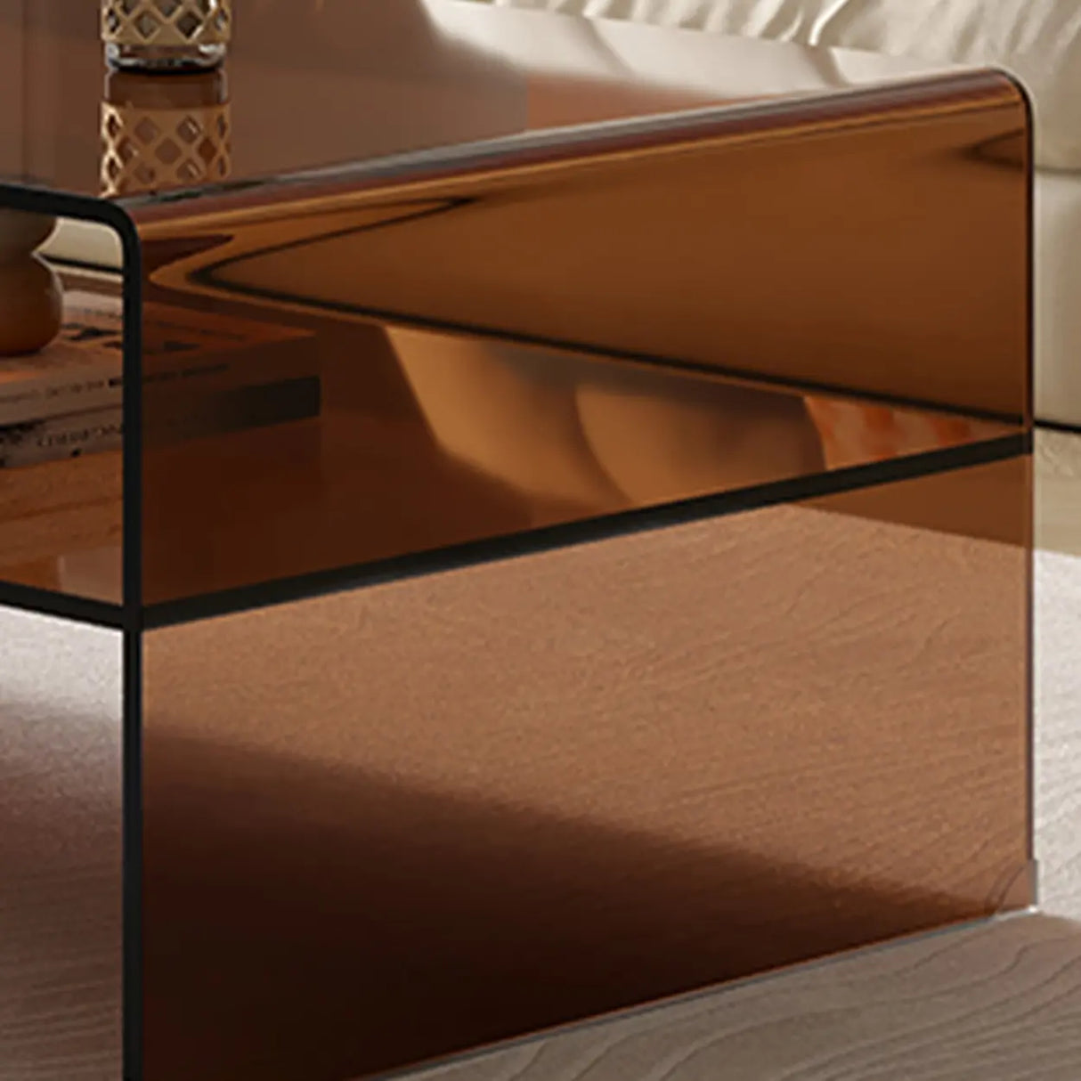 Brown Glass Rectangular Sled Coffee Table with Shelf Image - 8